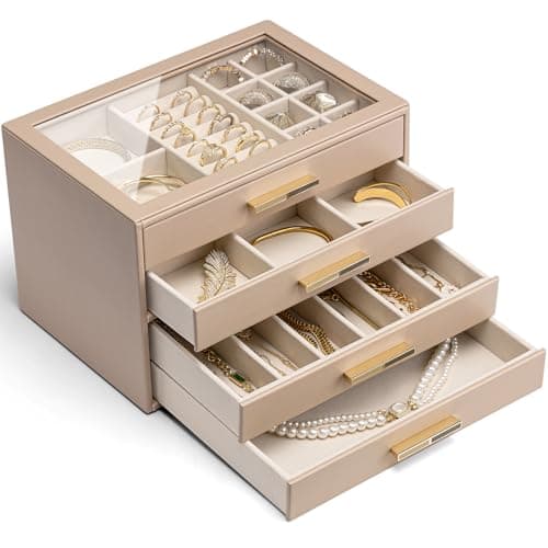 Detalle de Vlando joyero grande con 4 niveles y tapa de cristal (café con leche)