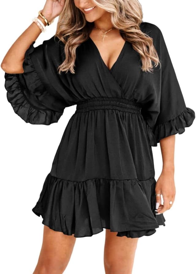 Detalle de Aoysky V-Neck Smocked-Waist Ruffle Mini Dress for Summer