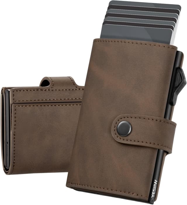 Detalle de YESIIW Crazy Horse Brown RFID Leather Card Holder Wallet with Pop-Up Mechanism (up to 9 cards, 2 ID windows)