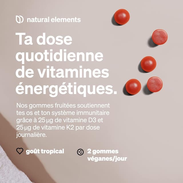 Detalle de Gommes D3 & K2 1 000 U.I. (120 gummies) – goût tropical, véganes et sans sucre