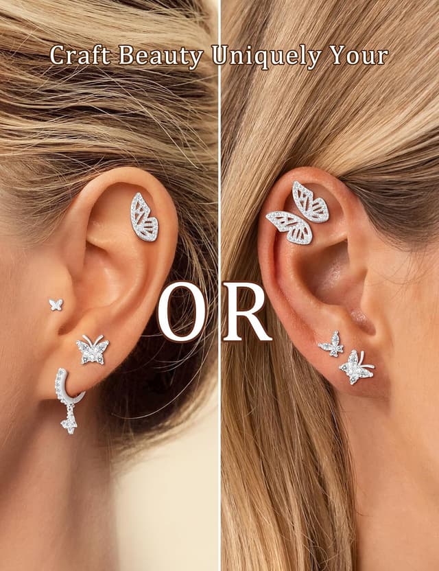 Detalle 2 de TINGN 6 Paar Schmetterling Ohrringe-Set für Damen (Chirurgenstahl, vergoldet) – für mehrere Ohrlöcher & verschiedene Piercings