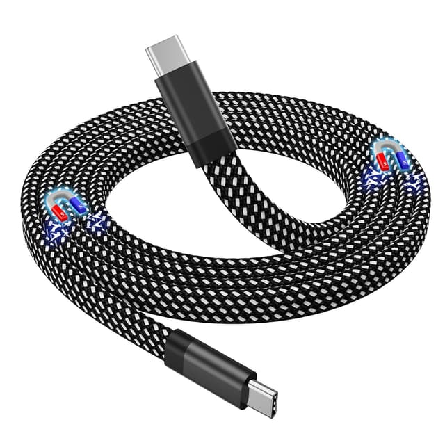 Detalle de Magtame magnetisches USB-C-auf-USB-C-Kabel 60W (3A) mit Aufwickel-Design, 1 m, Nylon geflochten (schwarz)