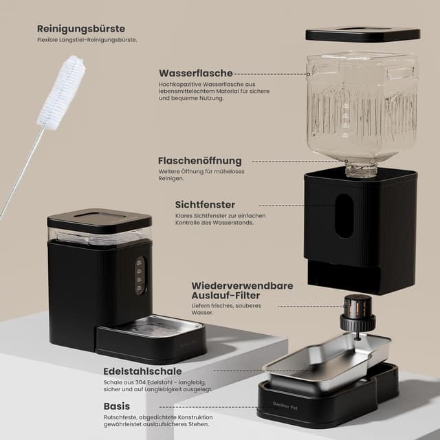 Detalle de Gardner Pet automatischer Wasserspender mit 6,5 l Schwerkraft-Futterbrunnen – ohne Strom, Edelstahl-Schüssel