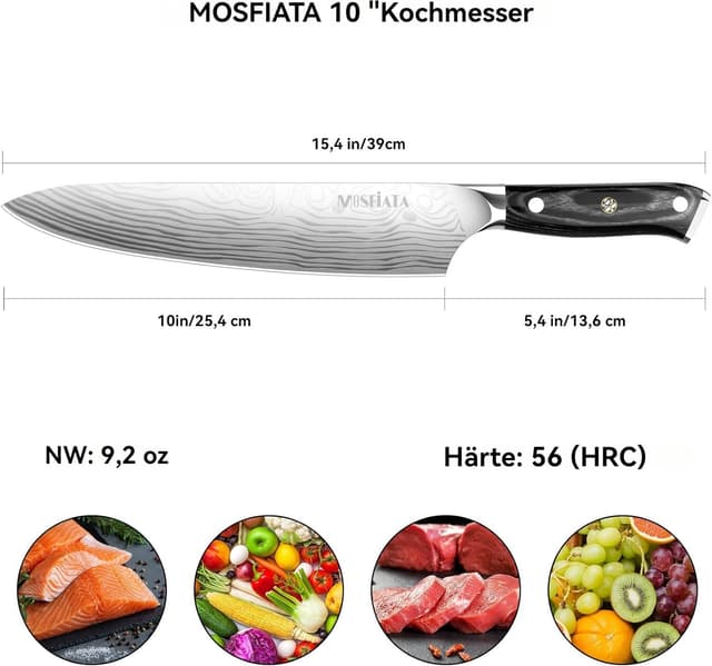 Detalle 2 de MOSFiATA Kochmesser 10 Zoll aus EN1.4116 Stahl – extrem scharf, für Fleisch und Profiküche
