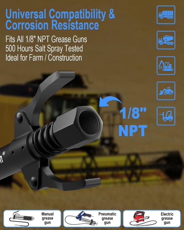 Thumbnail 6 de luckywagon Grease Gun Coupler (Leakproof, Quick-Release) for 1/8" NPT Grease Guns — 12,000 PSI