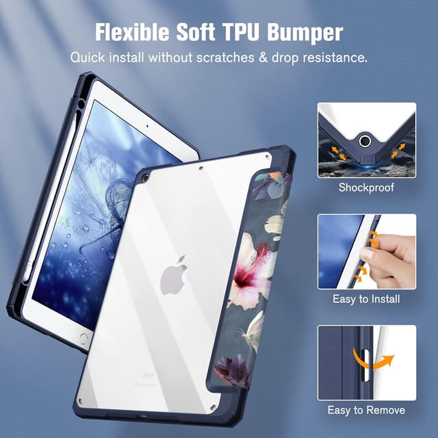 Detalle de Fintie Hybrid Hülle mit Stifthalter für 10,2" iPad (9./8./7. Gen, 2019–2021) – Stoßschutz mit transparenter Rückseite, Hibiskus