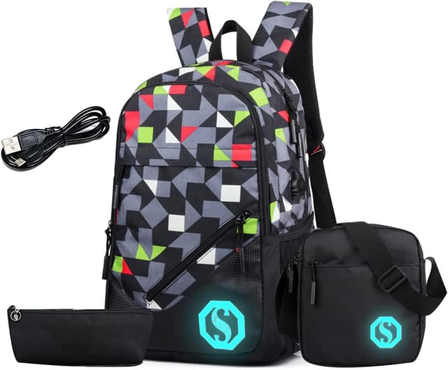 Detalle de SellerFun Teenage Unisex Graffiti School Backpack with Fluorescent Mark, 20L (USB option, 14-inch laptop pocket)