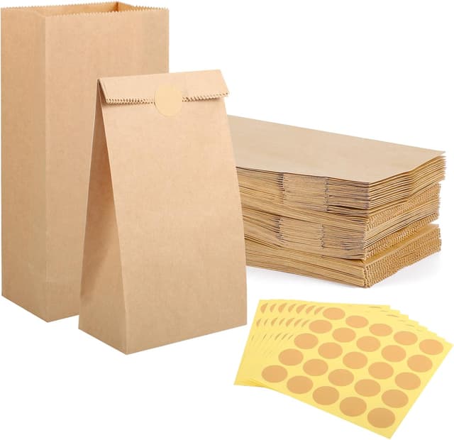 Detalle de 200 kleine Papiertüten aus Kraftpapier (18 x 9 x 5,5 cm) inkl. runder Aufkleber für Hochzeit, Ramadan, Geburtstag & mehr