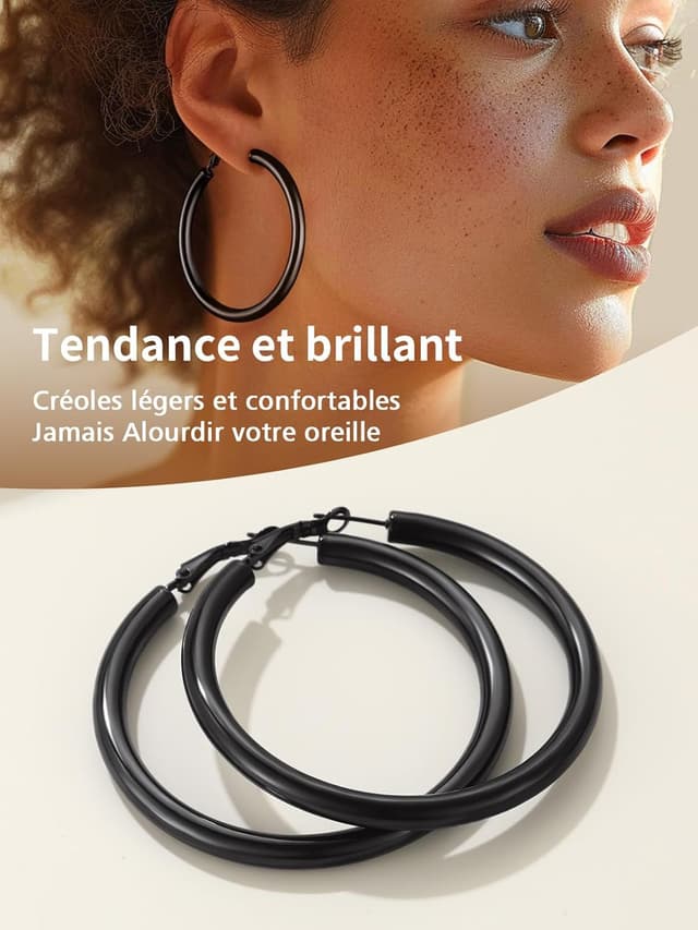 Detalle de FindChic créoles en acier inoxydable femme 20/30/40/60/80 mm (argenté, doré, noir) avec fermoir à homard