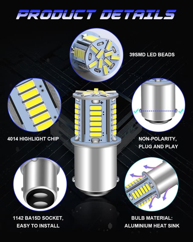 Detalle 2 de Defvnsy 1142 BA15D 12V LED Bulb (White 6000K) – 39x 4014 SMD, Pack of 10