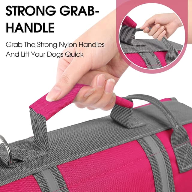 Detalle de Queenmore Large Dog Life Vest (Reflective, Lightweight) with Rescue Handle – Fuchsia, L