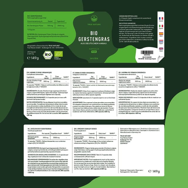 Detalle de Bio Gerstengras – 240 vegane Kapseln (3.000 mg pro Tag) von TRUE NATURE®