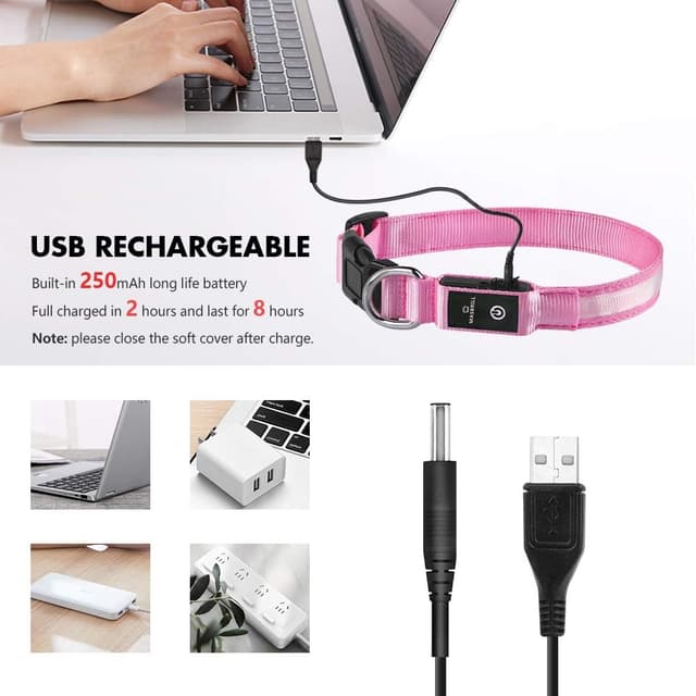 Detalle de MASBRILL leuchtendes, aufladbares LED-Hundehalsband (wasserdicht) mit 3 Modi – Rosa, S