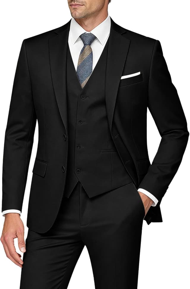 Detalle de WULFUL Men’s Slim Fit 3-Piece Suit Set (Two-Button Blazer, Vest & Pants)