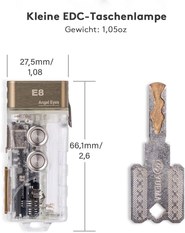 Detalle de RovyVon E8 EDC Taschenlampe aufladbar – 500 Lumen, 4000K, 365nm & Rot/Weiß Seitenlicht, IPX6