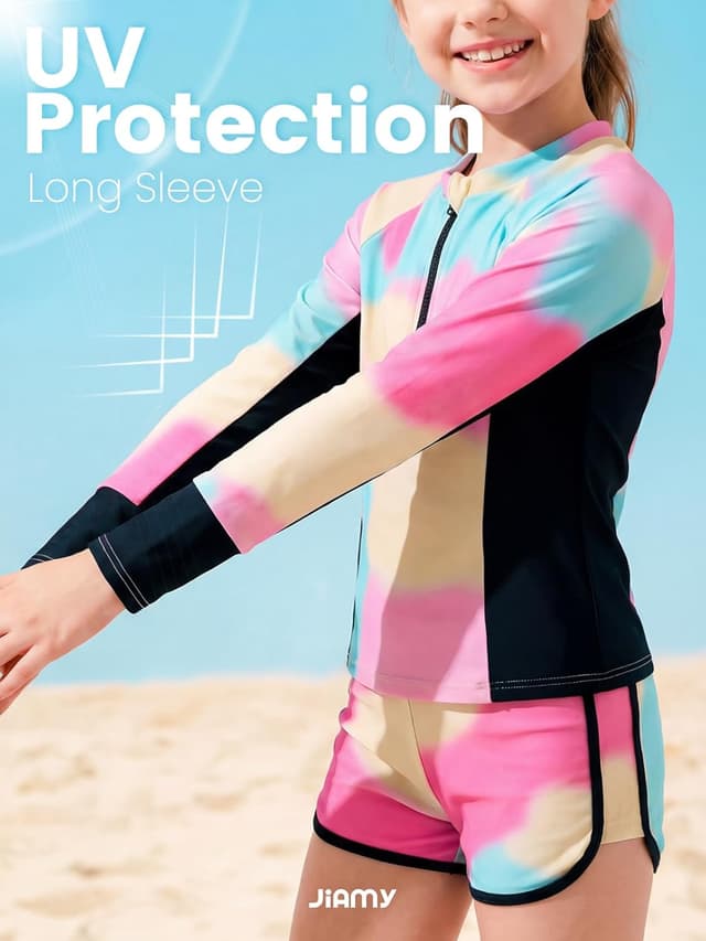 Detalle de JiAmy Mädchen Badeanzug Zweiteiler mit Langarm-UV-Schwimmshirt und Badehose (Gr. 122–152)