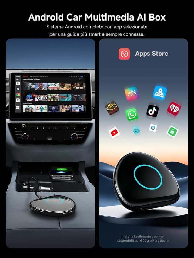 Detalle de ATOTODIRECT AI Box CB6C: adattatore wireless CarPlay e Android Auto con Android 13, 4G LTE, GPS e schermo diviso