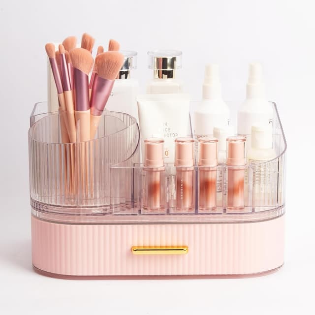 Detalle 1 de STORICANS Makeup Organiser with 360 Rotating Brush Holder and Stackable Drawers (Pink)