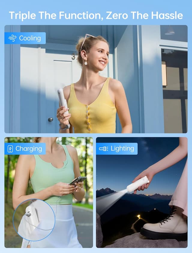Detalle de JISULIFE Mini Handventilator 3-in-1 (USB, Powerbank & Taschenlampe) – kompakt für Reisen