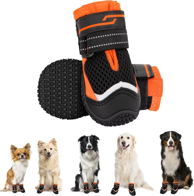 Detalle de Eyein Hundeschuhe Pfotenschutz (2 Stück) atmungsaktiv mit rutschfester Sohle und reflektierendem Klettverschluss, Orange – Größe 5