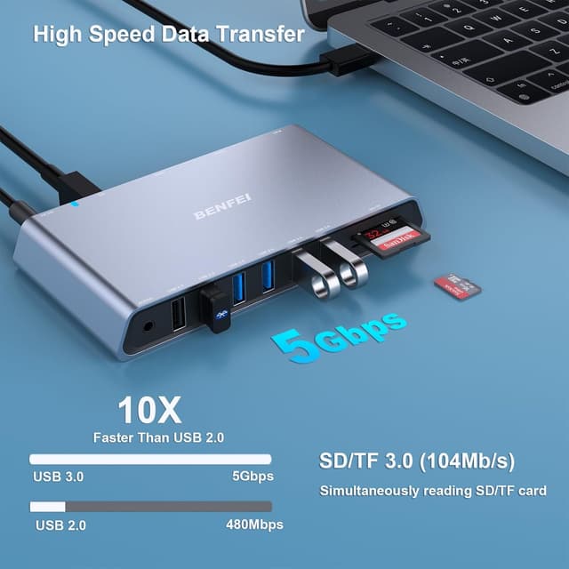 Detalle de BENFEI Station d’accueil USB 3.0 12 en 1 avec double écran HDMI, 6 ports USB, lecteur SD/TF et Ethernet Gigabit