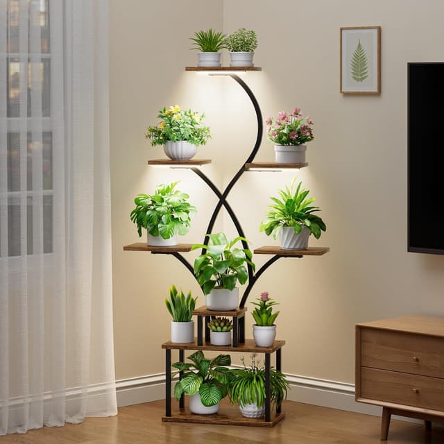 Detalle 2 de BACEKOLL scaffale per piante con luci di crescita, 8 livelli (158 cm) in metallo e legno, nero