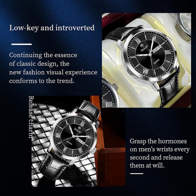 Detalle de Taxau Klassische Herren-Lederuhr mit Quarzwerk, analogem Zifferblatt und Datums-/Wochentagsanzeige