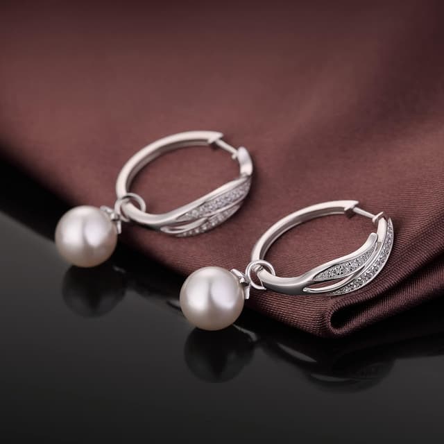 Detalle de jiamiaoi Weißgold plattierte große Creolen aus Sterlingsilber 925 mit Perlen & Zirkonia (24 mm)