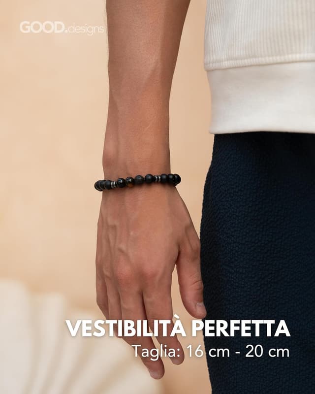 Detalle de GD GOOD.designs bracciale uomo elastico in pietra lavica nera e onice 8 mm