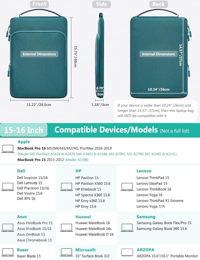 Detalle 2 de HYZUO 15–16 inch Laptop Bag Sleeve (Dark Green) with organiser pockets