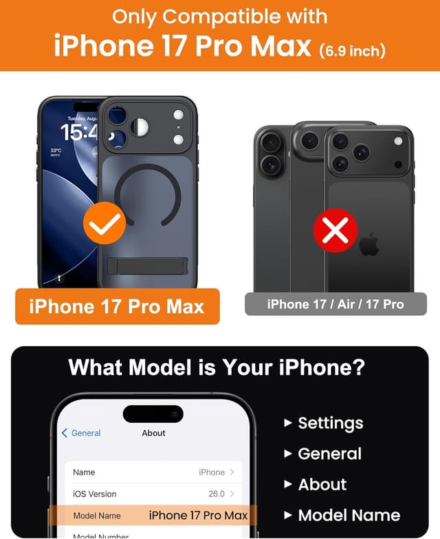 Detalle de BXYJY iPhone 17 Pro Max Magnetic Case with Stand, MagSafe-Compatible, Camera Control Button Cover (Black)