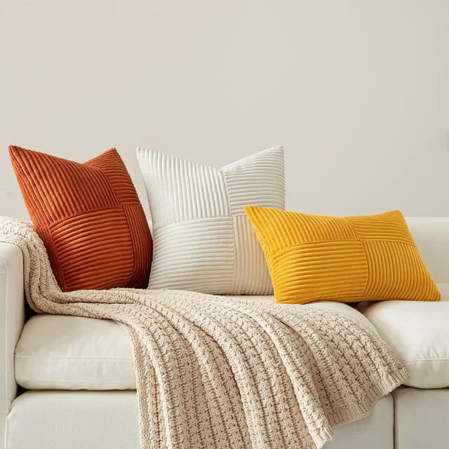 Detalle 2 de MIULEE 2er Set Herbst Kissenbezug 30x50 cm in Gelb (Kord) – Patchwork-Design