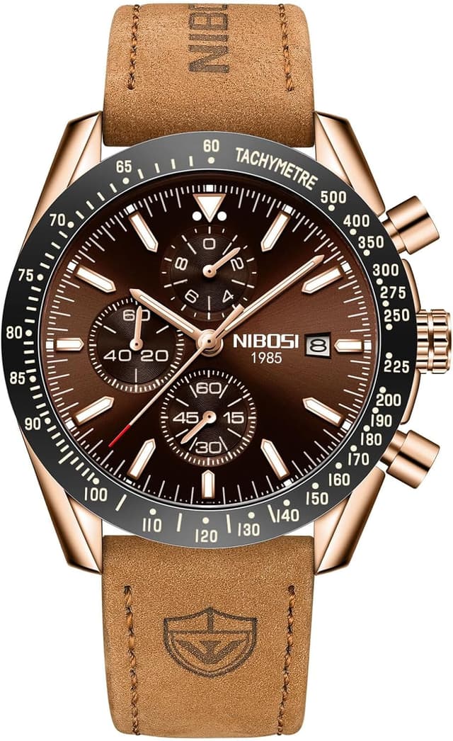 Detalle de NIBOSI orologio da uomo analogico al quarzo cronografo con data, impermeabile 3 ATM e cinturino in pelle