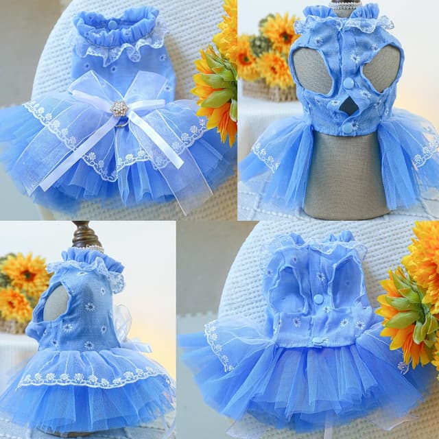 Detalle de BT Bear Small Dog Dress (Large) – Puppy Skirt with Bow, Lace Princess Tutu for Wedding & Photos (Blue, L)
