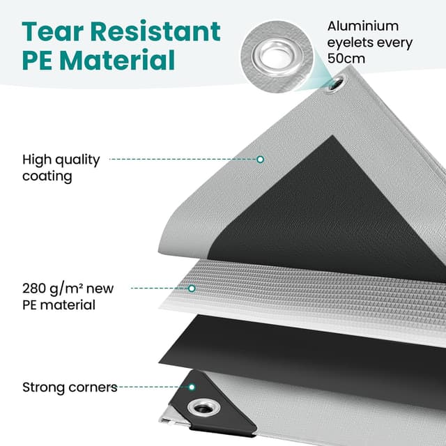 Detalle 2 de WOLTU Telone occhiellato idrorepellente 1,5x2 m in PE 280 g/m² (grigio+nero)