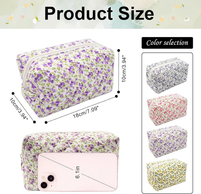 Detalle de Long Keeper Floral Small Makeup Bag (Purple) – 18 x 18 x 10 cm Cotton Cosmetic & Travel Toiletry Pouch