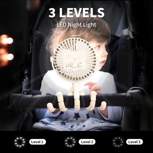 Detalle 2 de Amacool Pram Fan – Battery Operated Clip-On Stroller Fan with 3 Speeds, Rotatable Head & Flexible Tripod Legs (White)