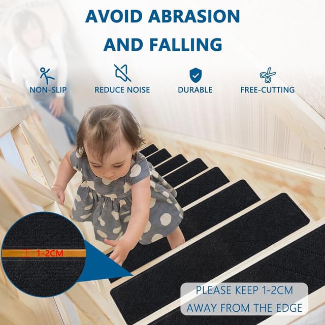 Detalle de KOOTETA Indoor Stair Treads (15-Pack) for Wooden Steps, 8" x 30" Non-Slip Carpet Rugs with Reusable Adhesive, Black