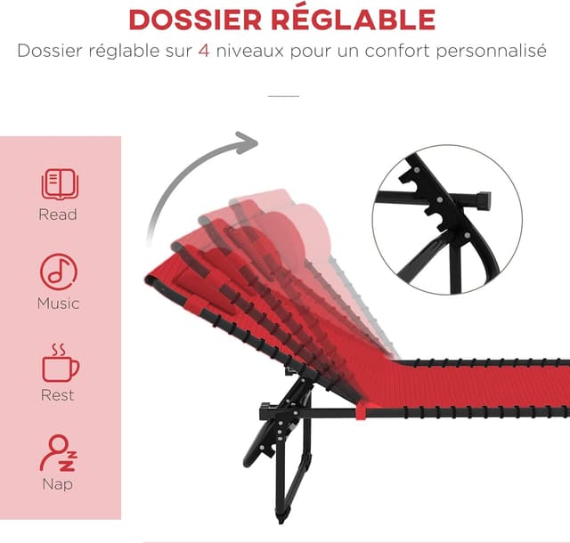 Detalle 2 de Outsunny Bain de soleil transat pliable à dossier multi-positions (noir/textilène rouge)