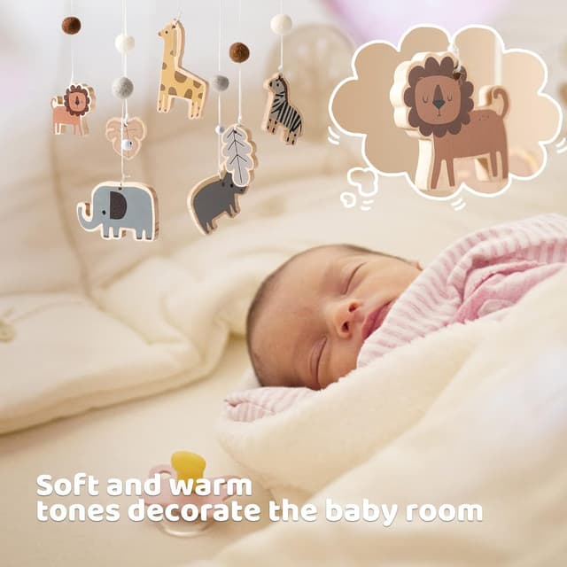 Detalle de Mobile Baby Windspiele mit bunten Safari-Motiven – Bettglocke aus Filz & Naturholz für Kinderzimmer-Deko