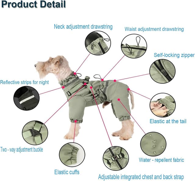 Detalle de BT Bear Dog Winter Coat Jacket Outdoor (with harness), Adjustable 4 Legs, Waterproof Reflective Khaki – Size XL