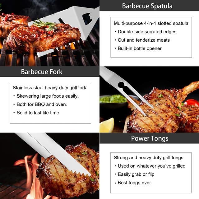 Detalle de ROMANTICIST 29pcs BBQ Grill Tool Set with Thermometer, Stainless Steel Utensils & Travel Case