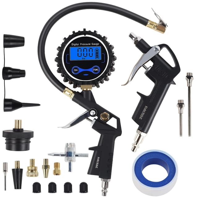 Detalle de Hausse Heavy Duty Compressor Accessory Kit with Digital Tire Pressure Gauge, Inflator & 1/4" NPT Air Tool Fittings