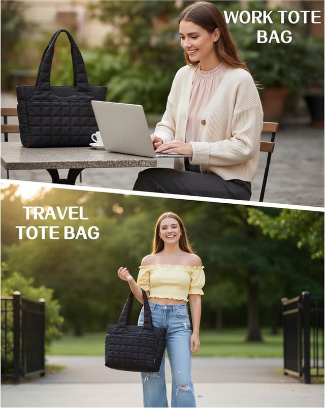 Detalle de LOVEVOOK Damen Shopper Handtasche mit 15,6" Laptopfach – große Puffer Tote Bag mit Wasserflaschenfach