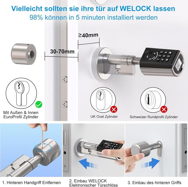 Detalle 2 de WELOCK ToucA51 elektronisches Türschloss mit Fingerabdruck, Zahlencode und RFID-Karte (App, verstellbarer Zylinder)