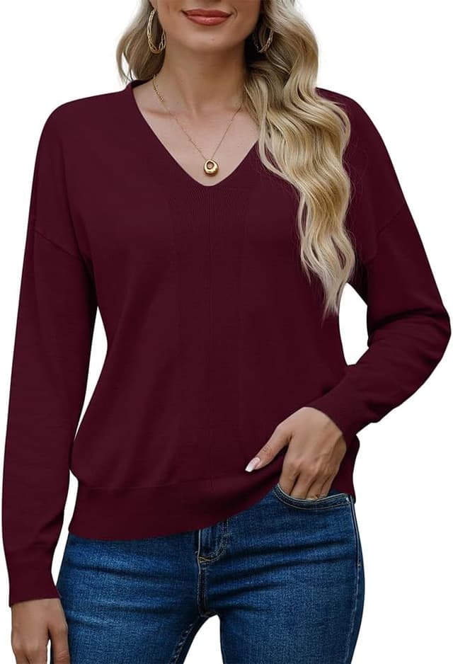 Detalle de PrinStory women’s V-neck knit jumper long sleeve top (solid colour)
