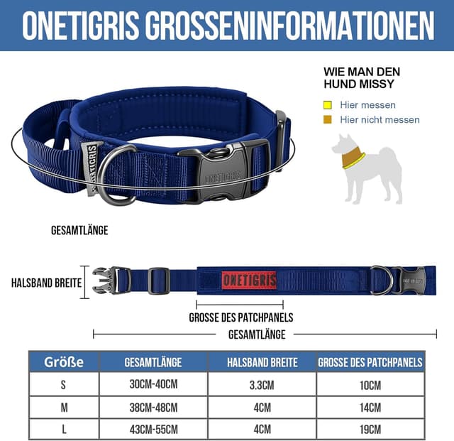 Detalle de OneTigris Hundehalsband mit Metallschnalle, gepolstert – Blau (Größe S)