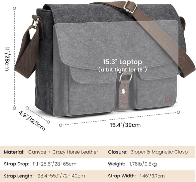 Detalle 2 de S-ZONE Canvas Messenger Bag for Men – Vintage satchel crossbody with pockets for up to 15.3-inch laptops