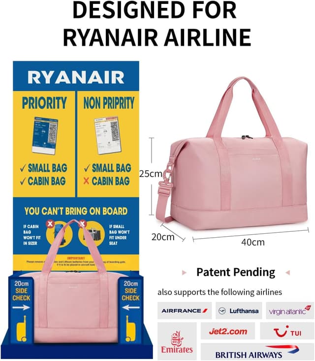Detalle de ECOHUB Ryanair Cabin Bag 40x30x20cm (24L) with Removable Wet Pocket – Pink underseat travel duffel