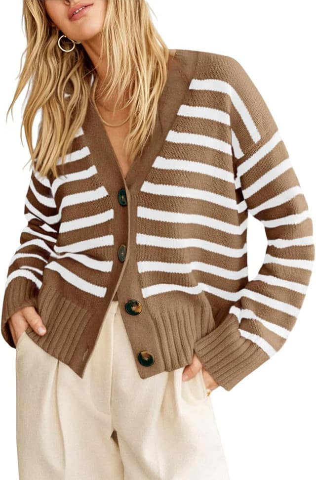 Detalle de Truwelby women’s v-neck open-front striped cardigan sweater